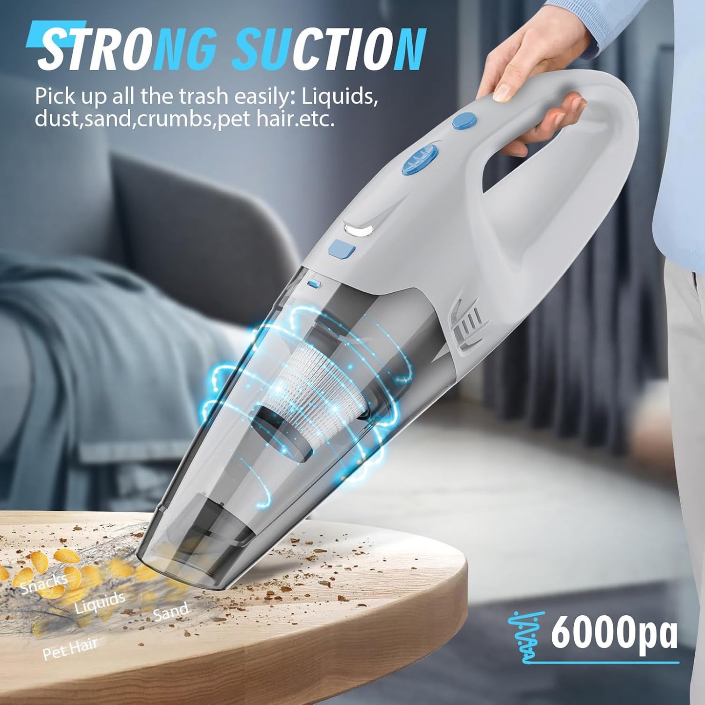 Handheld Vacuum Cordless, Hand Vacuum Cordless Rechargeable with LED Light/Multi Accessories,1.6lbs Car Portable Vacuum Cleaner for Pet Hair, Home, Car, Office