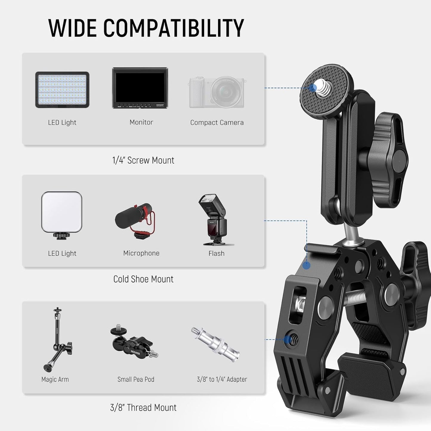 NEEWER Super Clamp with 3" Dual Ballhead Magic Arm, Cold Shoe, 1/4" Threads, Phone/Action Camera Mount Adapter for Desk Tripod Tube Crossbar Gimbal Rods Compatible with SmallRig GoPro DJI, ST83