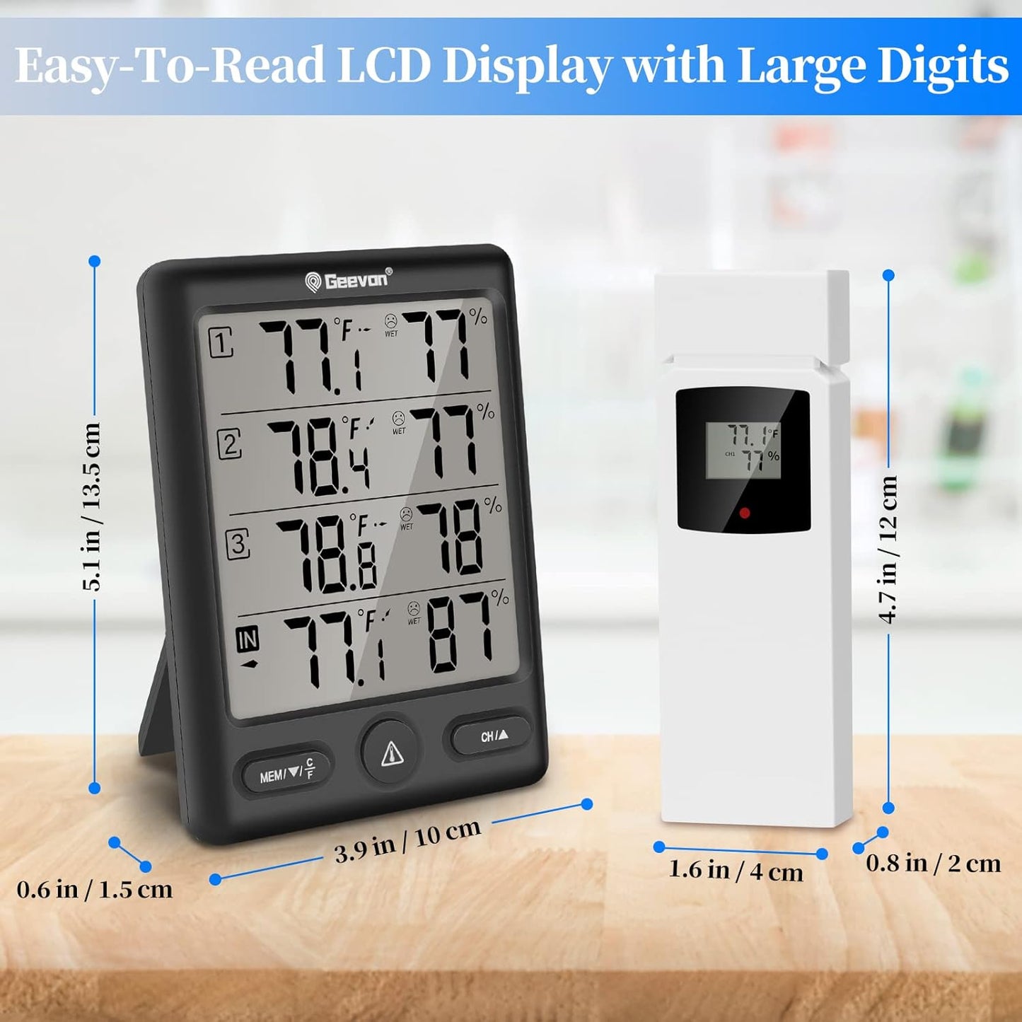 Geevon Indoor Outdoor Thermometer Wireless with 3 Remote Sensors, Digital Hygrometer Thermometer, Wireless Temperature Humidity Monitor Gauge with 200FT/60M Range (Black)