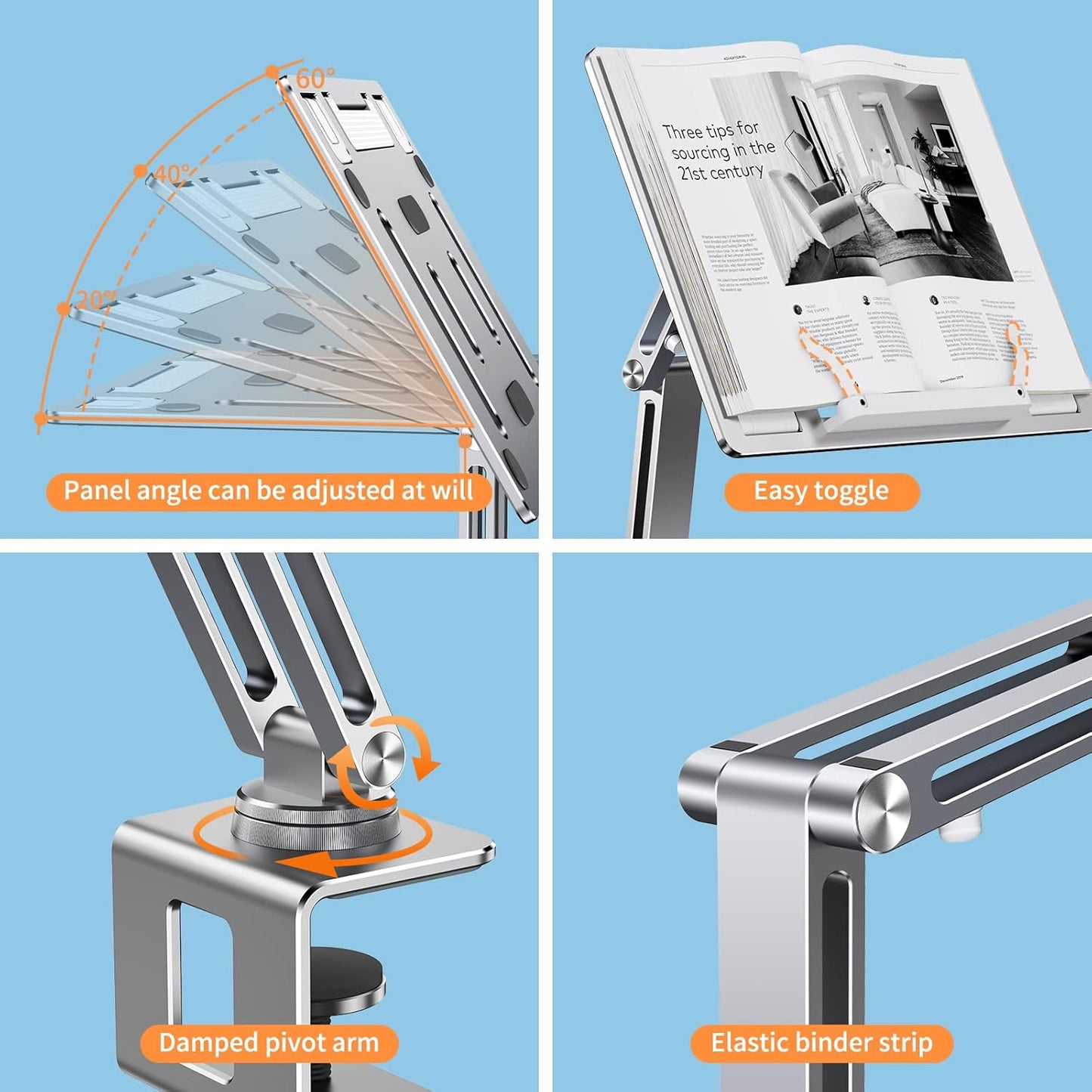 OATSBASF Tablet Stand, iPad Holder for Desk Mount, Portable Monitor Stand, Rotatable 360 Degrees, Desktop Reading Mount for Computer, iPad, Cookbooks, Recipes