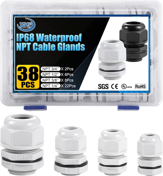 XHF IP68 Nylon Waterproof NPT Cable Glands Kit 38pcs 1/4", 3/8'', 1/2'', 3/4'' UL Listed and RoHS Cord Grip Compliant Cable Strain Relief Grey