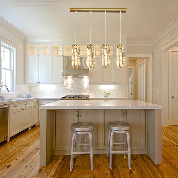 LMQNINE 4 Light Gold Pendant Lighting Modern Pendant Light, Mini Crystal Chandeliers,Adjustable Pendant Light Fixture for Kitchen Island Dinning Room Bedroom(Gold 4-Light)