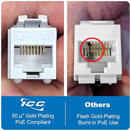 ICC CAT6A Keystone Jack with Slim Profile 180 Degree Punch Down, 10Gbps RJ45 UL Listed PoE++ TAA Compliant for Wall Plate or Patch Panel, Works with JackEasy Termination Tool, Black 25 Pack