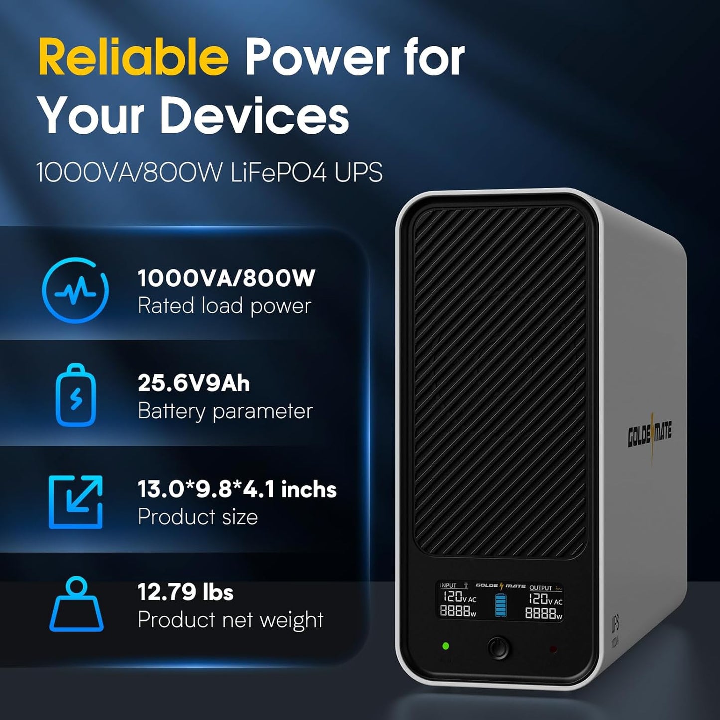 GOLDENMATE 1000VA/800W Lithium UPS Battery Backup and Surge Protector, Sinewave UPS System with LiFePO4 Battery(230.4 Wh), 2025 Upgraded Pro Ver. with Communication Port, 8 Outlets, LCD Display, White