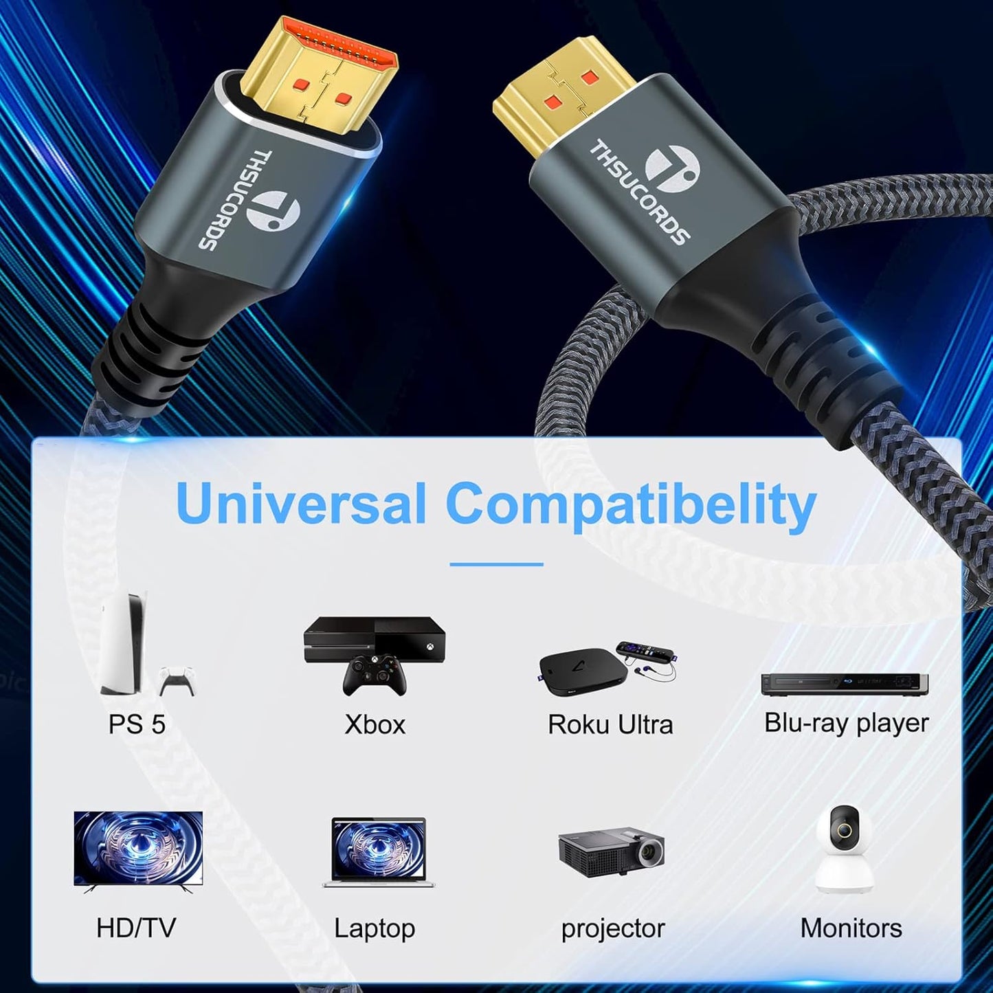 8K 4K HDMI Cable 3.3FT 2 Pack, High Speed Braided HDMI to HDMI 2.1 Cord Supports 8K@60Hz, 4K@120Hz 144Hz 48Gbps Compatible with Roku TV/PS5/HDTV/Blu-ray