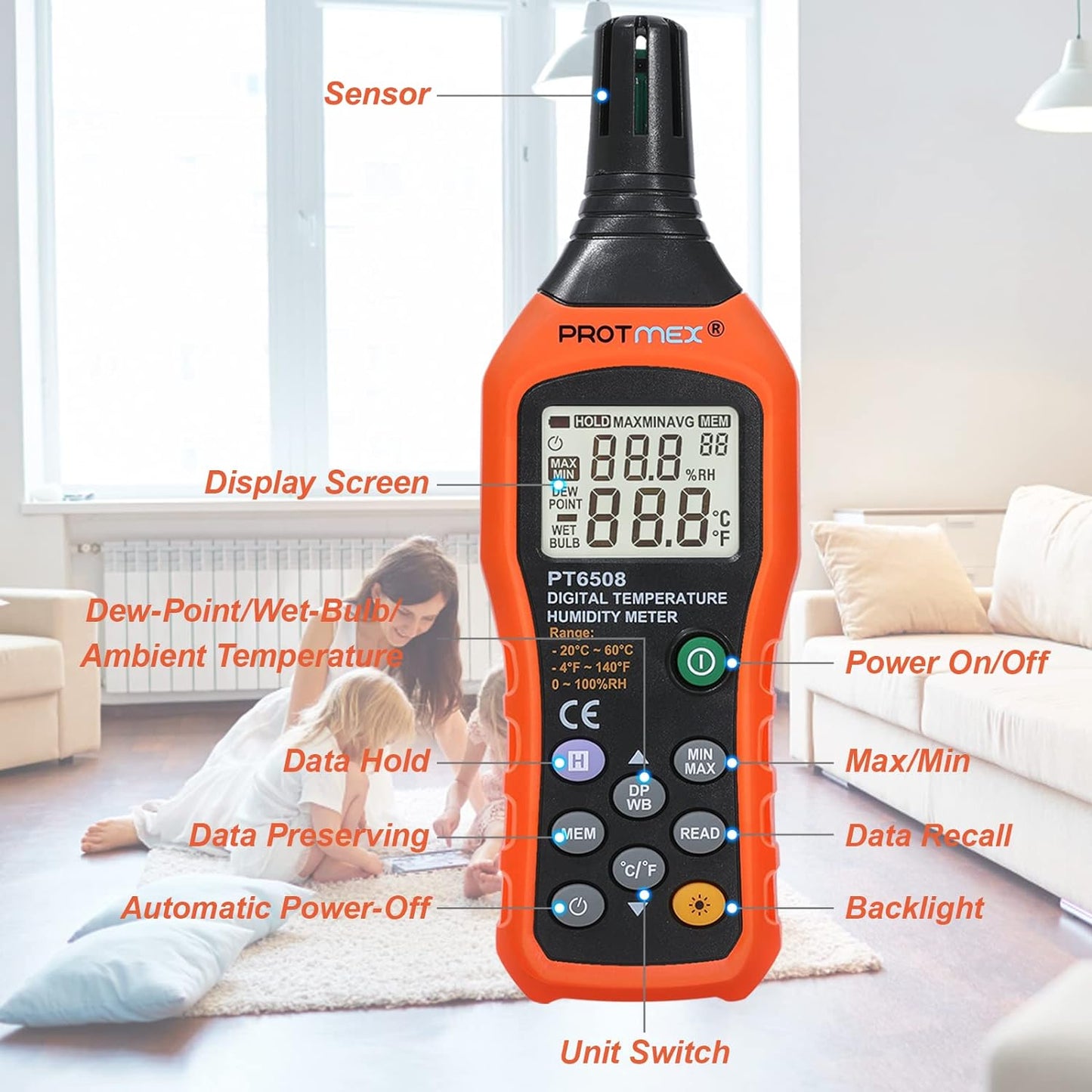 Protmex Digital Temperature Humidity Meter, Thermometer Hygrometer with Ambient Dew Point and Wet Bulb Temperature Indoor and Outdoor, Data Logger with Min/Max Hold, LCD Backlight, PT6508
