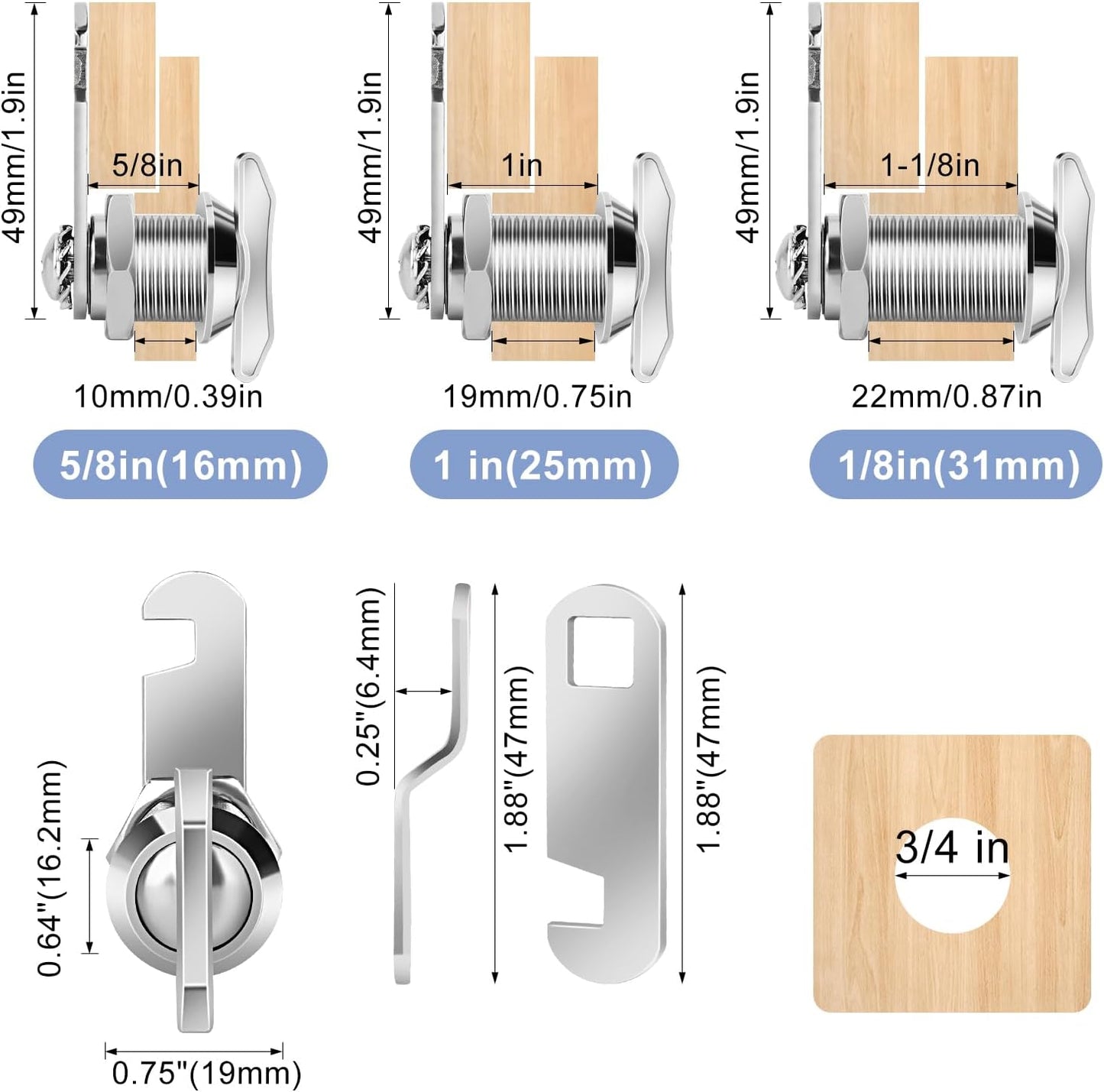 Thumb Operated Offset Cam Lock, 5/8" Cylinder Fits on 3/8" Max Door Thickness, Non-Locking Cam Lock for RV Compartment Storage Door, Cabinets, Drawers (5/8 Inch 6Pack) Silver