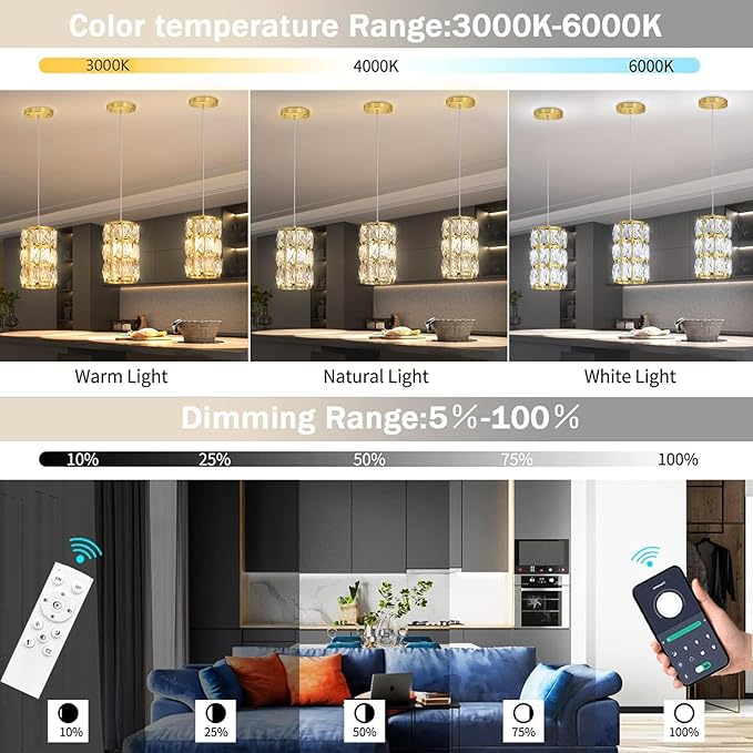 3 Pack Modern Crystal Pendant Lights for Kitchen Island LED Dimmable Glam Pendant Lighting Chandelier for Dining Room Hallway Corner Lamp Black