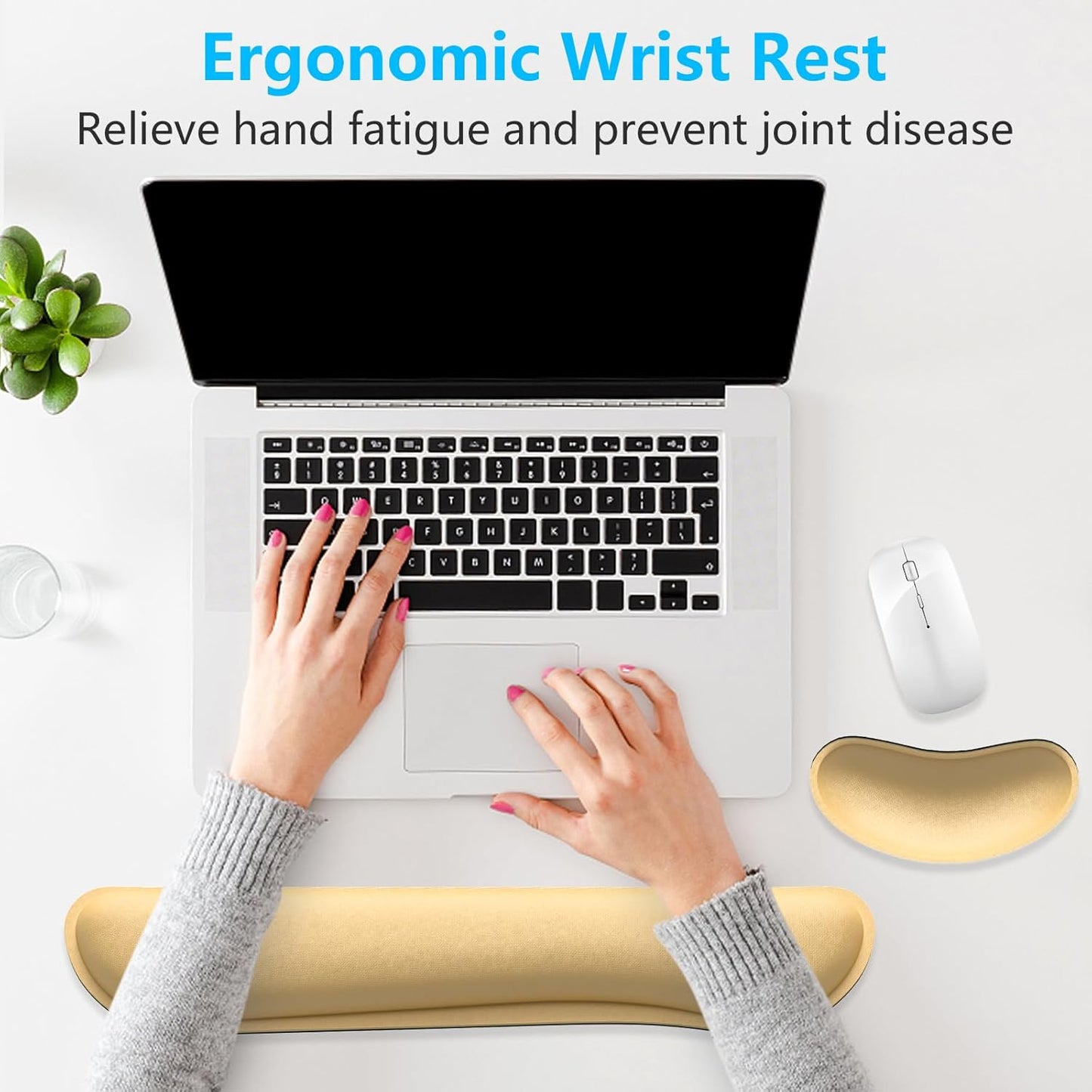 Dapesuom Enlarge Keyboard Wrist Rest, Memory Foam Wrist Cushion for Desk Mats Support, Cute Typing Pain Relief Keyboard Mouse Pad Rests Set with Non-Slip Base for Gaming Laptop Office, Navajo White
