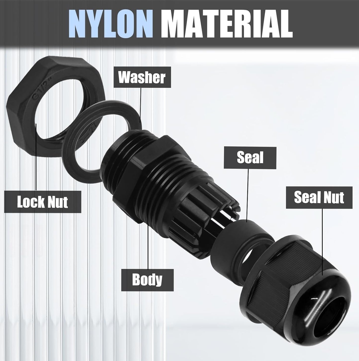 12 Pcs 3/4" NPT Nylon Cable Glands, Black Strain Relief Cable Cord Connector IP68 Waterproof Junction Box Wire Protectors Adjustable for 13-18mm Cable Diameter