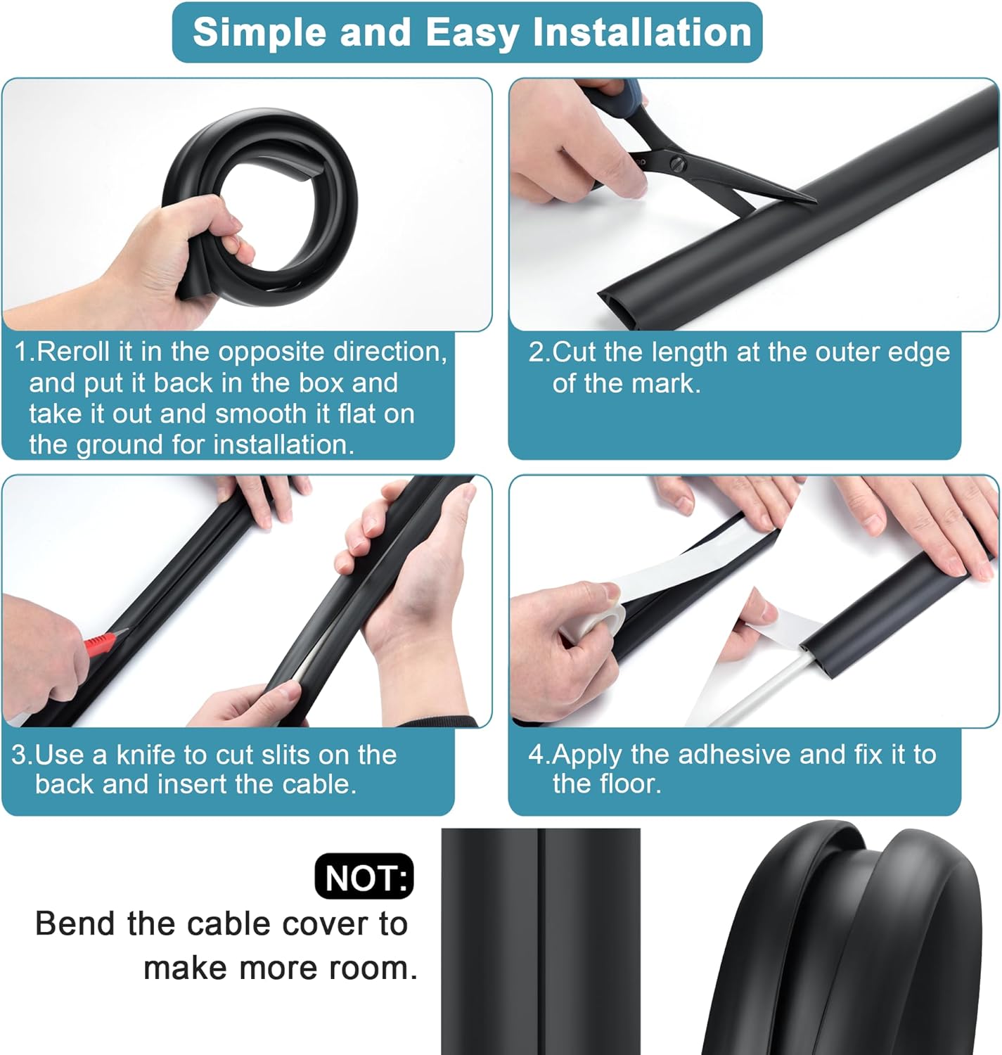 8.5ft Black Cord Protector, Soft Floor Wire Covers - Channel: 0.6"W x 0.32"H