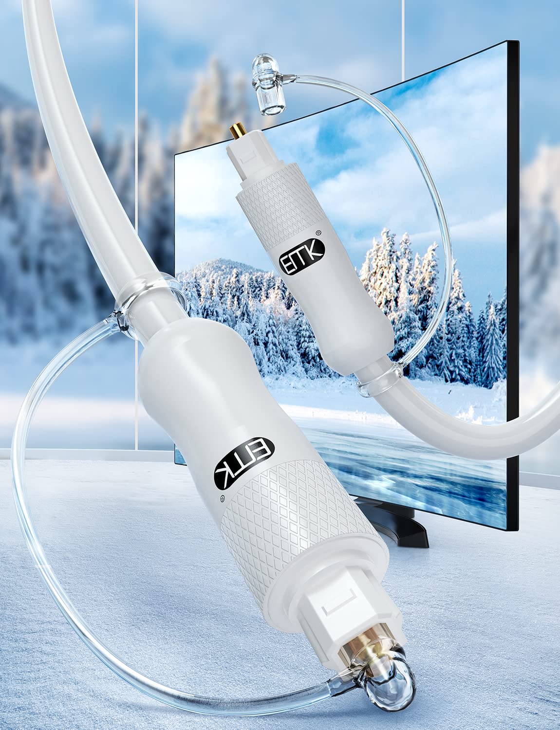 EMK White Optical Audio Cable [12ft/4M] - Digital SPDIF Toslink Fiber Optic Cable for Sound Bar, TV, Home Theater, Blu-ray Player - White, High-Speed, Low-Loss, Gold-Plated Connectors