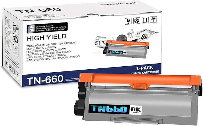 1-Pack TN660 Black Toner Cartridge, Replacement for Brother TN-660 for HL-L2300D L2305W L2315DW L2320D L2340DW L2360DW L2380DW MFC-L2680W L2700DW L2705DW L2720DW L2740DW DCP-L2520DW L2540DW Printer