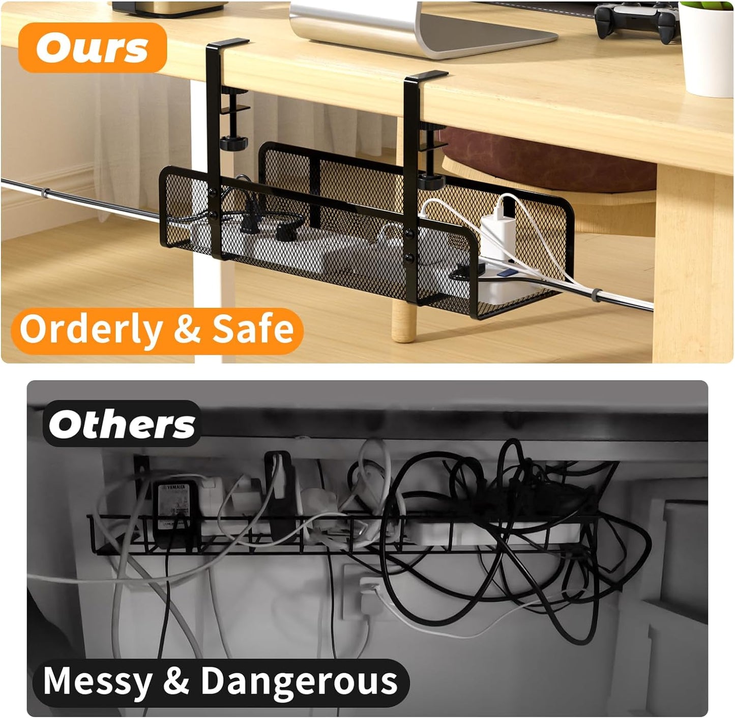 Under Desk Cable Management Tray, Wire Management Desk Cable Organizer Cable Management Box, Cord Organizer Storage for Office, Home