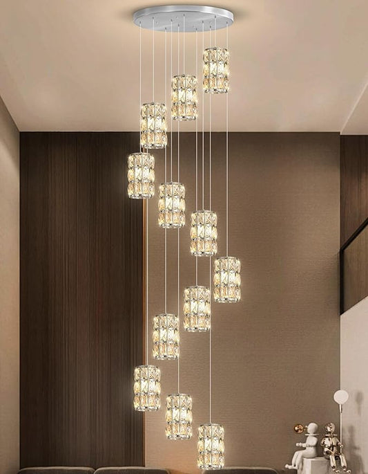 12-Lights Modern Crystal LED Dimmable for Staircase Foyer High Ceiling Chandeliers Hallway Nickel