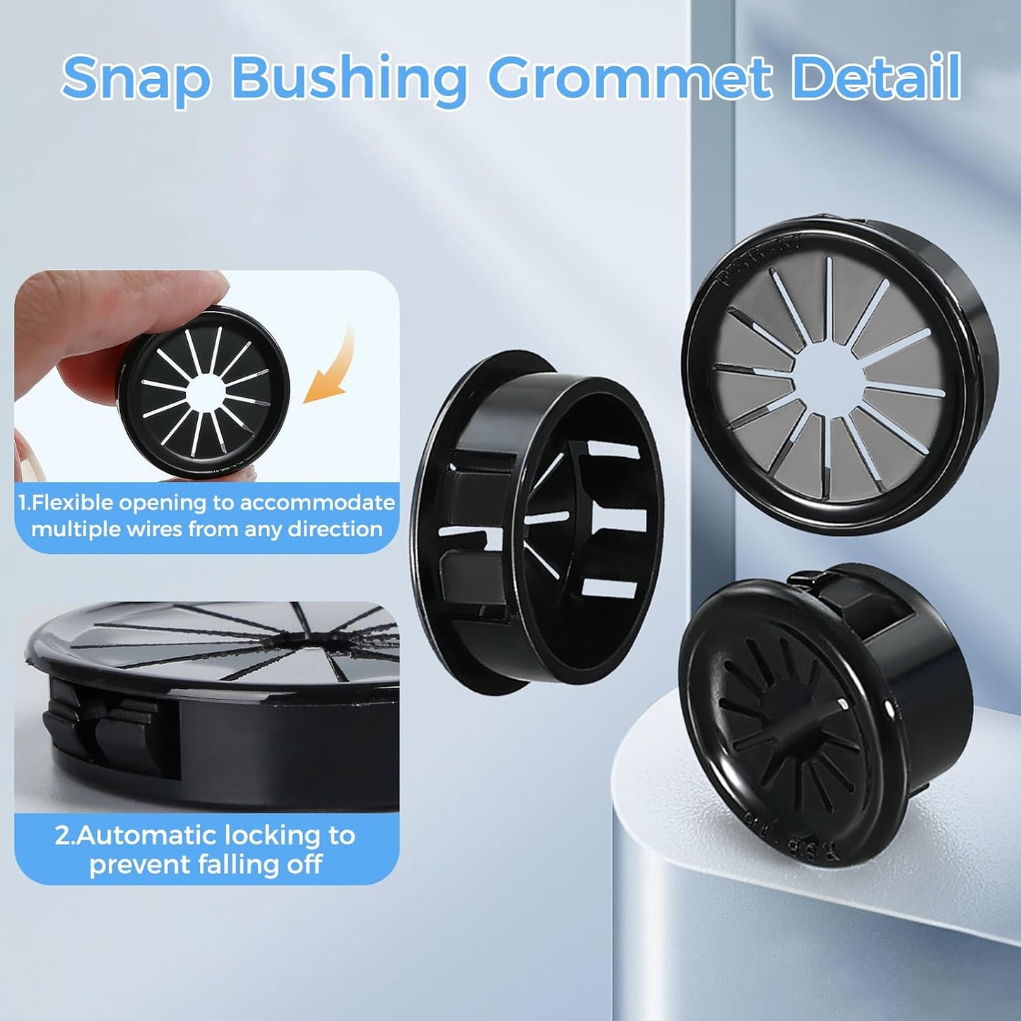 50 Pcs Cable Grommet, Snap Bushing 7/16" (11 mm) Mounting Diameter, Flexible Petal-Shaped Buckle Round Nylon Desk Grommet for Wires Through Countertop Cord Organizer and Protection, Black
