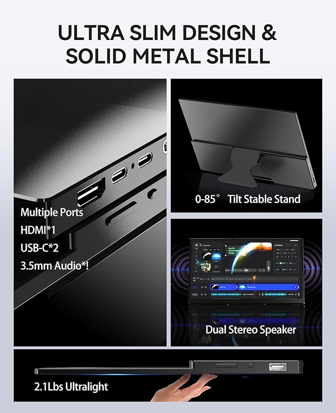 Portable Monitor Touchscreen 15.6" 1080P FHD IPS, 10-Point Touch Travel Gaming Display with Dual Speakers & Kickstand, USB-C HDMI External Screen for Laptop, MacBook, Phone, PS5, Switch