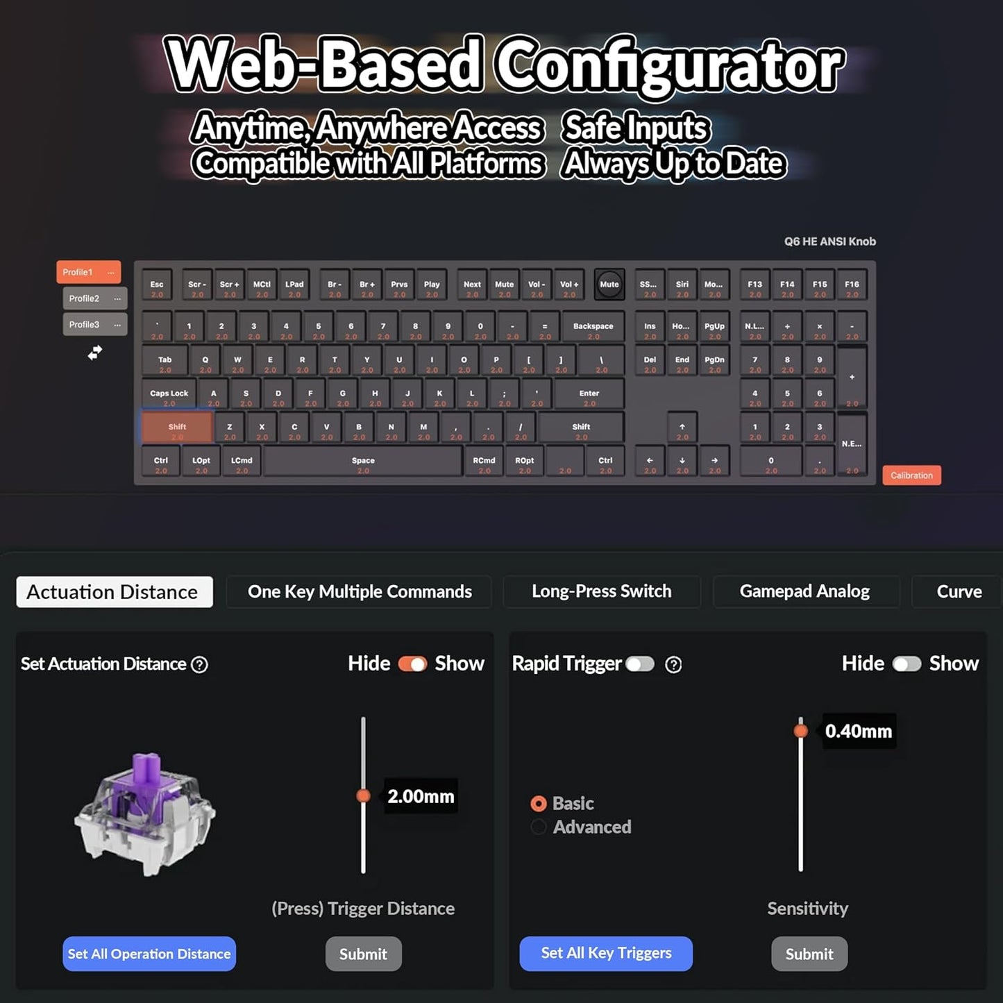 Keychron Q6 HE Wireless Custom Mechanical 100% Full Keyboard, 2.4 GHz/Bluetooth/Wired QMK Rapid Trigger Hot-Swappable Programmable Gateron Double-Rail Magnetic Switches for Mac Windows, Carbon Black