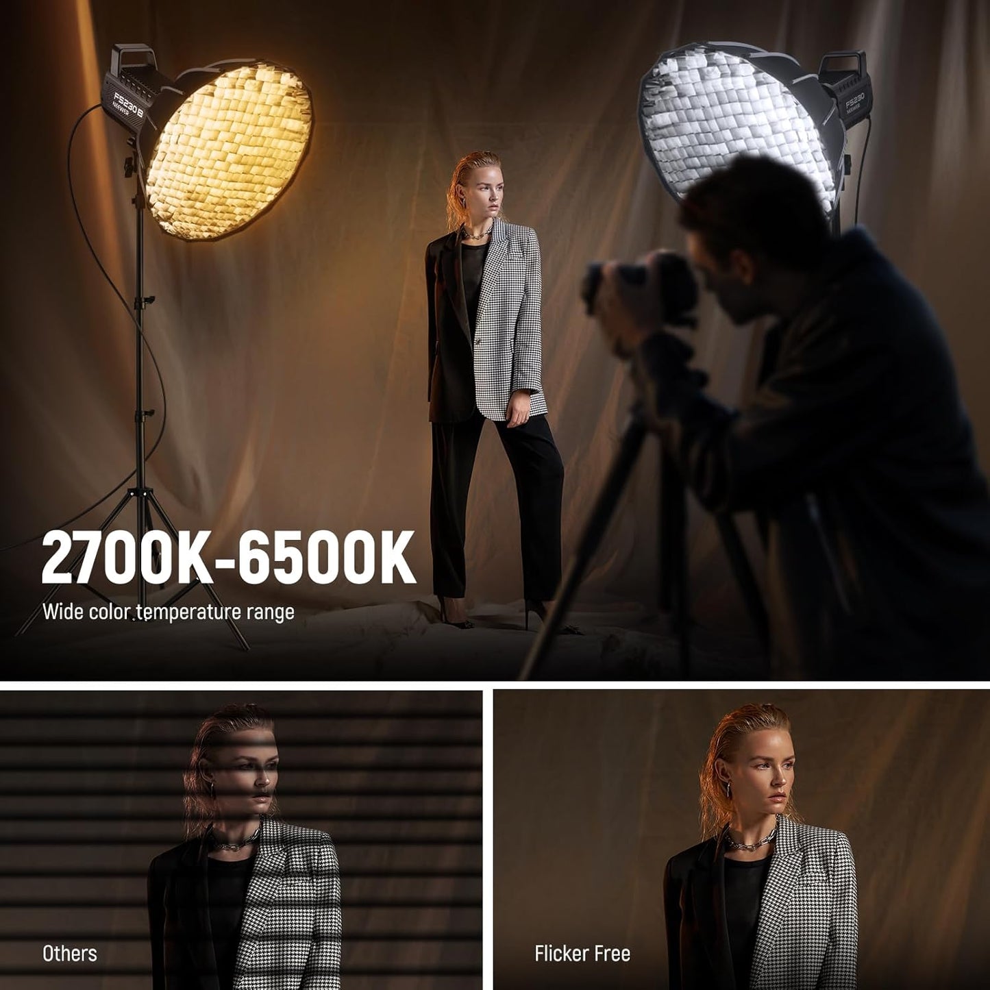 NEEWER FS230B LED Video Light 2.4G/APP Control, 230W Bi Color COB Silent Photography Continuous Output Lighting with 4 PWM Dimming Types, 110000lux/m, 2700K-6500K, CRI 97+, 12 Scenes, Bowens Mount