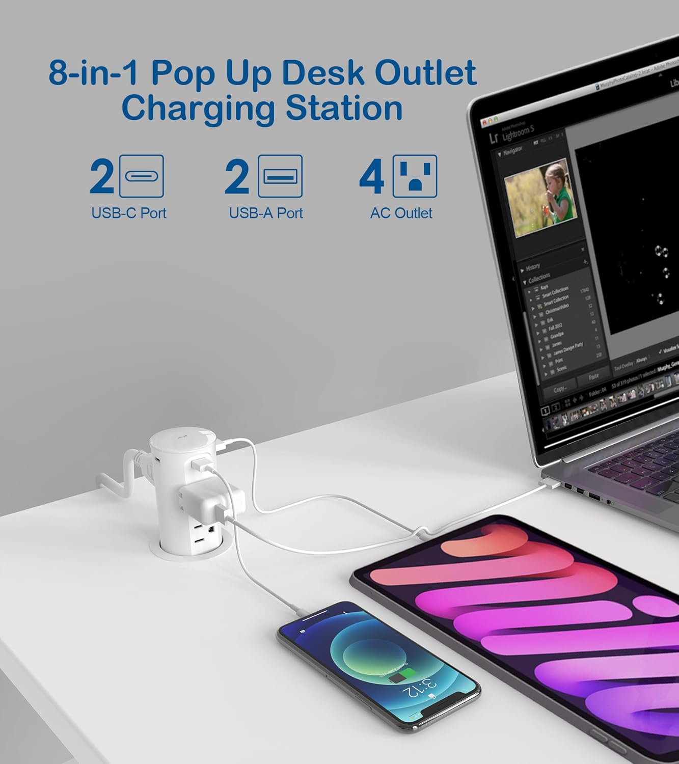 Pop up Outlet for Countertop,2.5-inch Hole Desktop Power Grommet,Recessed Power Strip,20W USB C Fast Charging,4 Outlets 4 USB Ports,15Amp Tamper Resistant Receptacle,White