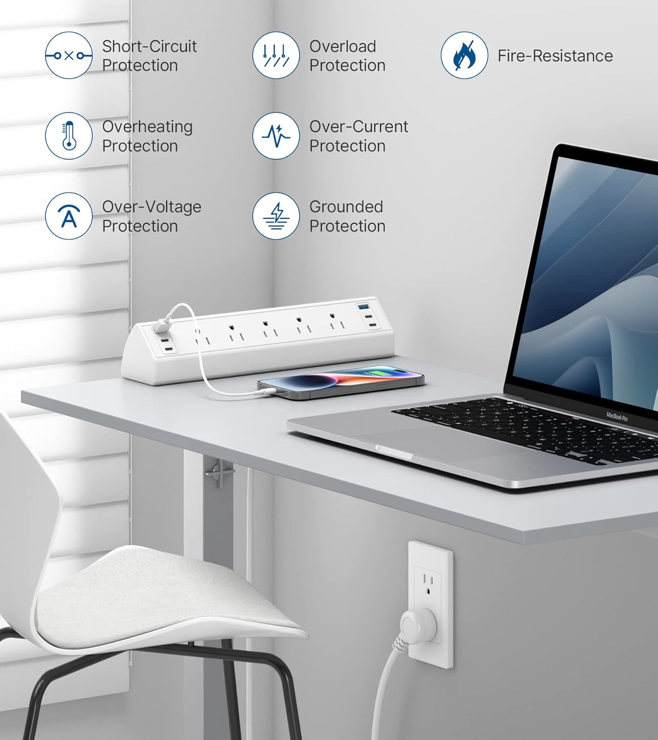 Desk Clamp Power Strip USB C,Under Desk Mount Power Station,20W Fast Charging,Fits 1.9'' Tabletop Edge,Desk Surge Protector,Perfect Home,Office Supplies (White, 5 Outlets & 6 USB Ports & 15 FT Cable)