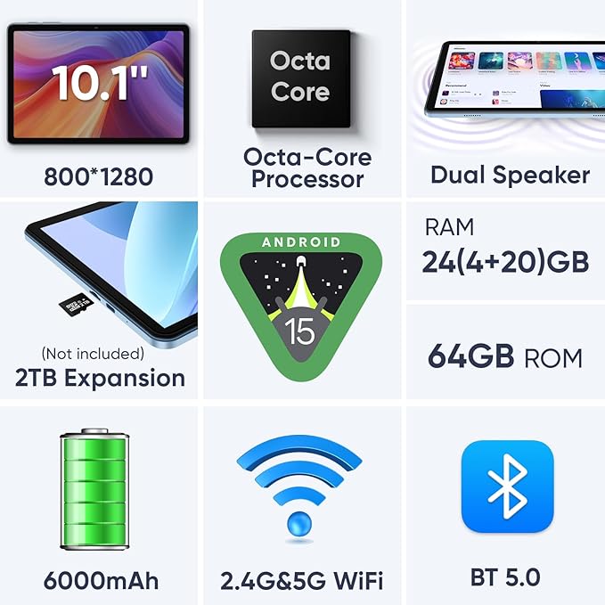 Android 15 Tablet 10.1 inch Tablet 2025 Latest Tablets with Keyboard Mouse 24GB+64GB 2TB Expand 6000mAh Octa-Core Processor Dual Camera WiFi 1280x800 IPS 18W Fast Charging