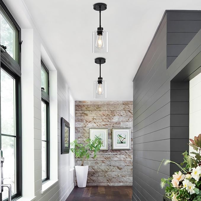 Glass Pendant Lights Kitchen Island 2 Pack, Modern Pendant Lighting Over Island Black Farmhouse Kitchen Hanging Light Fixtures Adjustable Mini Chandeliers for Hallway Entryway Bedroom Dining Room