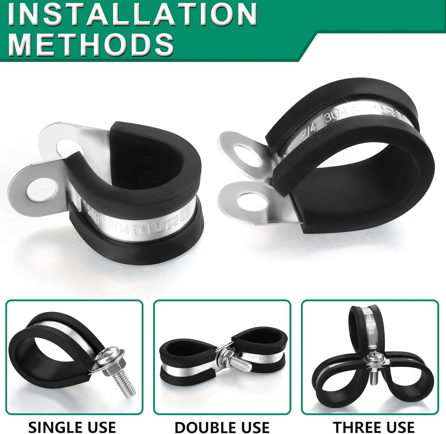 10pcs 1-3/4 Inch Stainless Steel & Rubber Coated Cushioned Insulated Cable Clamps, Automotive Pipe & Wire Clamps, Black