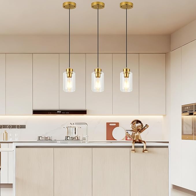 Modern Pendant Lighting, Clear Glass Shade Pendant Lights Kitchen Island, Brushed Brass Hanging Ceiling Light Fixture, Farmhouse Pendant Lighting for Dining Room Bedroom Bar Office