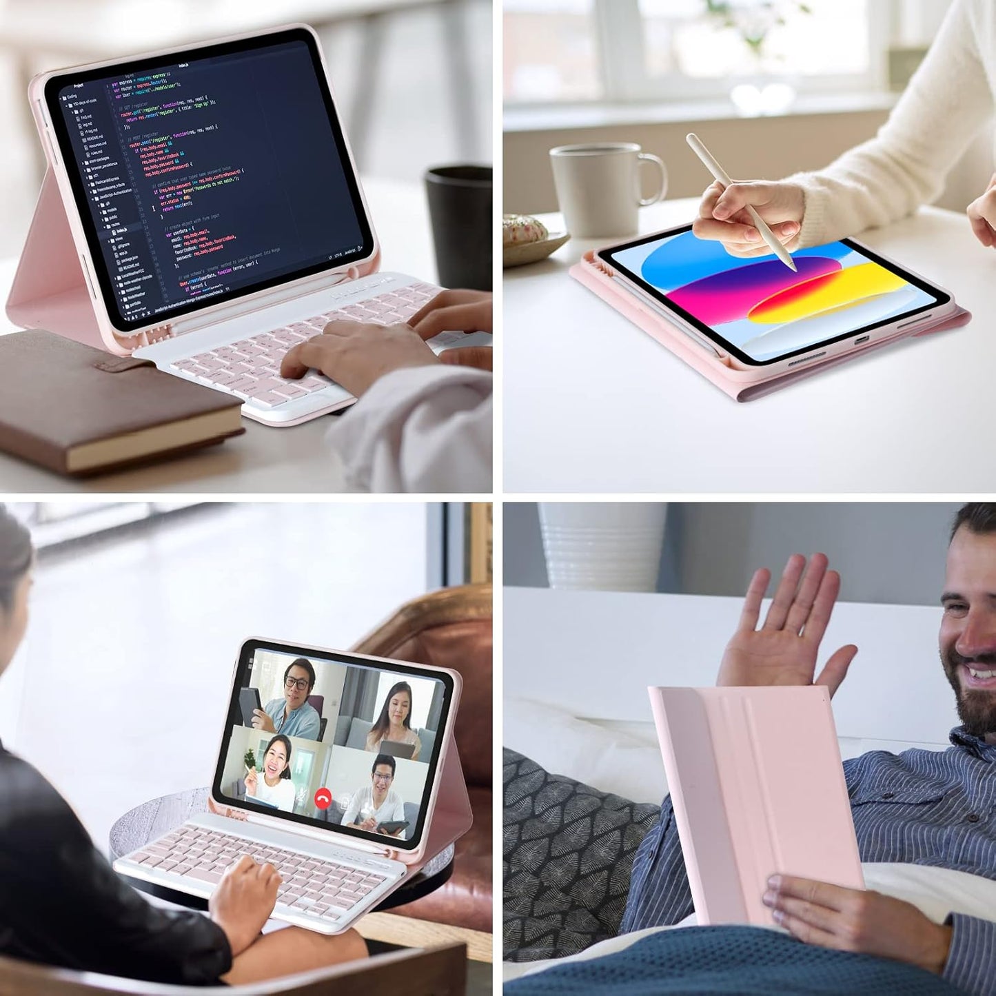 MMK iPad A16 Case (2025, 11"), iPad 10th Generation Case with Keyboard (2022, 10.9"), Wireless Detachable Keyboard, Pencil Holder (Pink)
