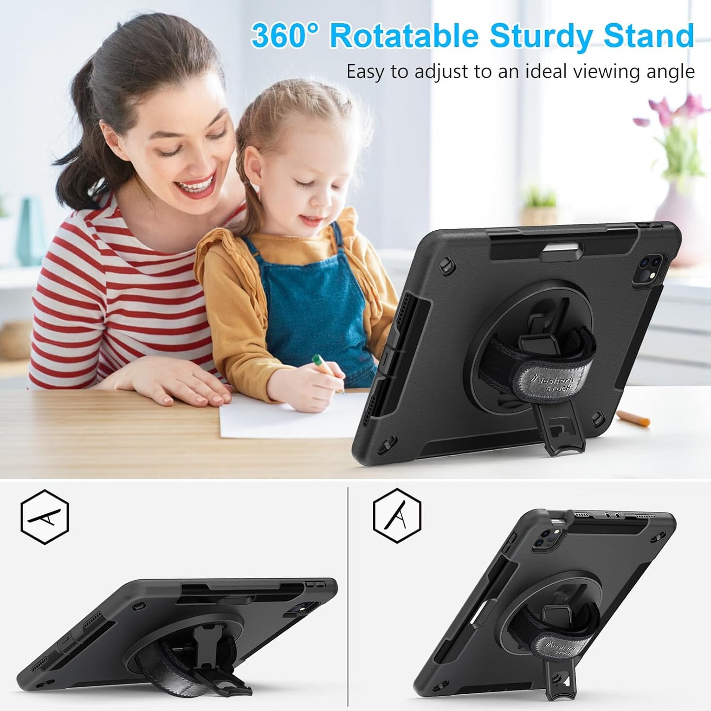 Case for iPad Pro 11 Inch 2022/2021/ 2020/2018: Cover for iPad 11 Inch 4th/ 3rd/ 2nd/ 1st Generation with Screen Protector- Stand- Handle- Shoulder Strap- Pencil Holder Black