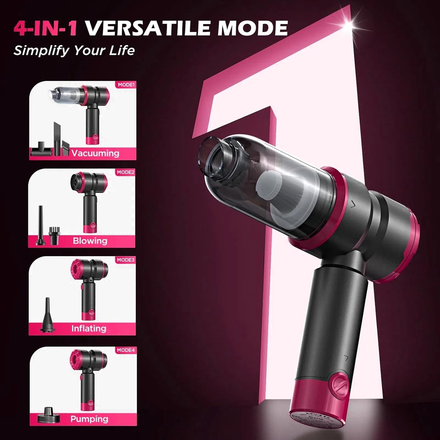 Handheld Car Vacuum with 15000PA Power, 4 in 1 Small Powerful Cordless Vacuum Cleaner & Air Duster with 2000mAh Battery, Rechargeable Portable Mini Hand Held Vacuum for Car, Home,Office,Pet Hair（Pink）