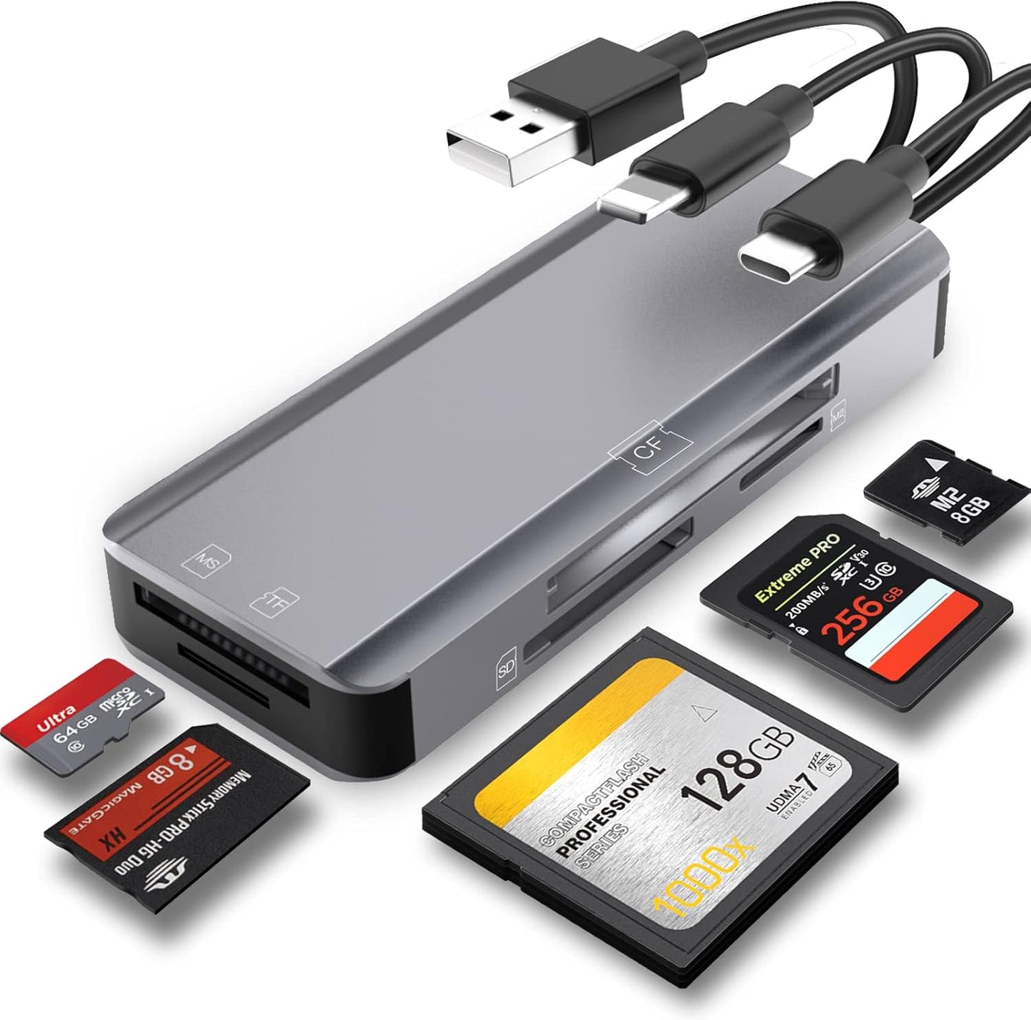 5-in-1 Multi Memory Card Reader,Aluminum SD/TF/CF/MS/M2/Micro SD Card Reader Adapter for i-Phone/i-Pad USB C and USB A Devices,No Application Required Plug and Play