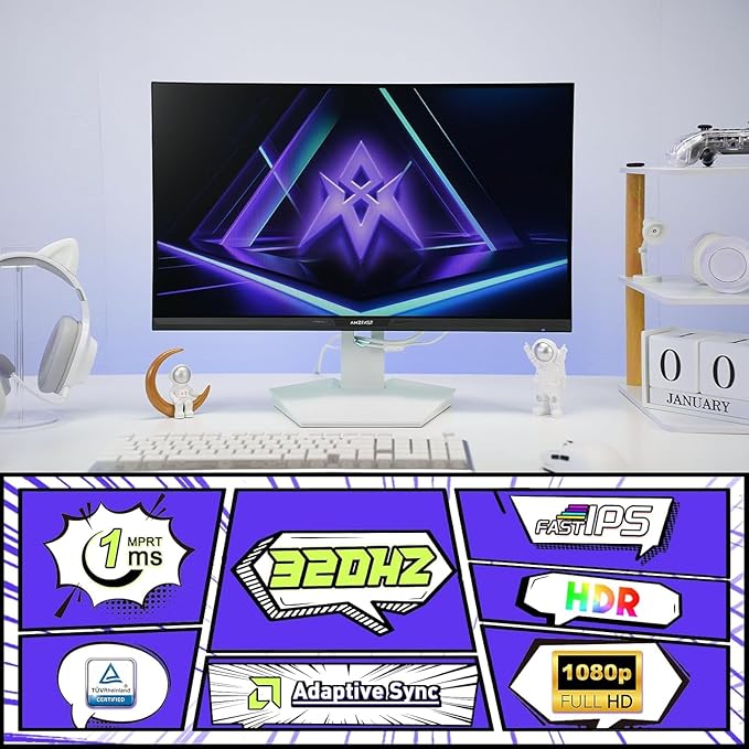 Amzfast 25 inch 320Hz/300Hz/240Hz White Gaming Monitor, FHD 1080P 1ms Fast IPS, 12 Months Warranty Exchange (HDMI & DP Dual Cable) TÜV Rheinland Eye Care | AI Crosshair, Night Vision Function