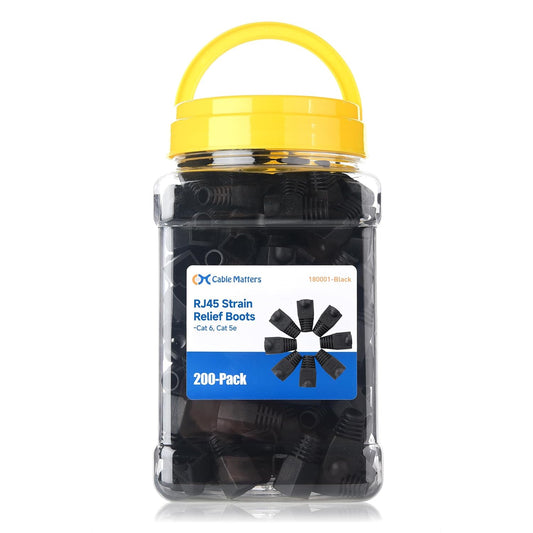 Cable Matters 200-Pack Cat6 / Cat5e RJ45 Strain Relief Boots, RJ45 Boot, Cat 6 Boot, Cat6 Ethernet Boots, Black, Suitable for 6.5mm (0.25in) Ethernet Cables