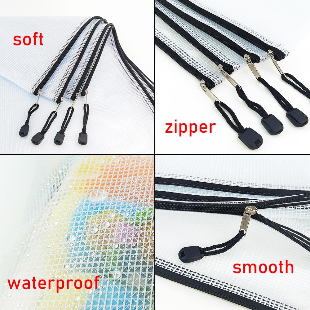 AUSTARK 10 Pcs Zipper File Bags, Waterproof Plastic Mesh Pouch for Office School, Board Game Storage Bags (B6 Size 7.6''x5.3'', White and Black)