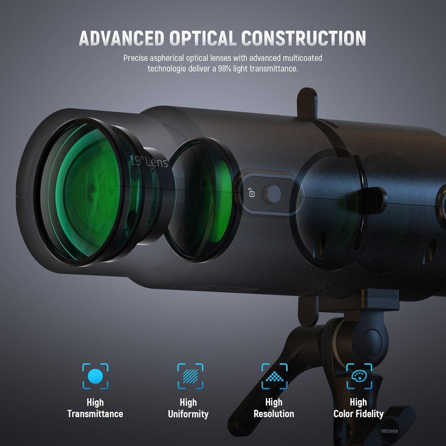NEEWER LS-300 Spotlight Optical Snoot for 300W Bowens Mount LED Video Lights with 16x GOBO 19° Projection Lens 98% Light Transmittance Geometric Shaper for Creative Photography & Enhanced Illuminance