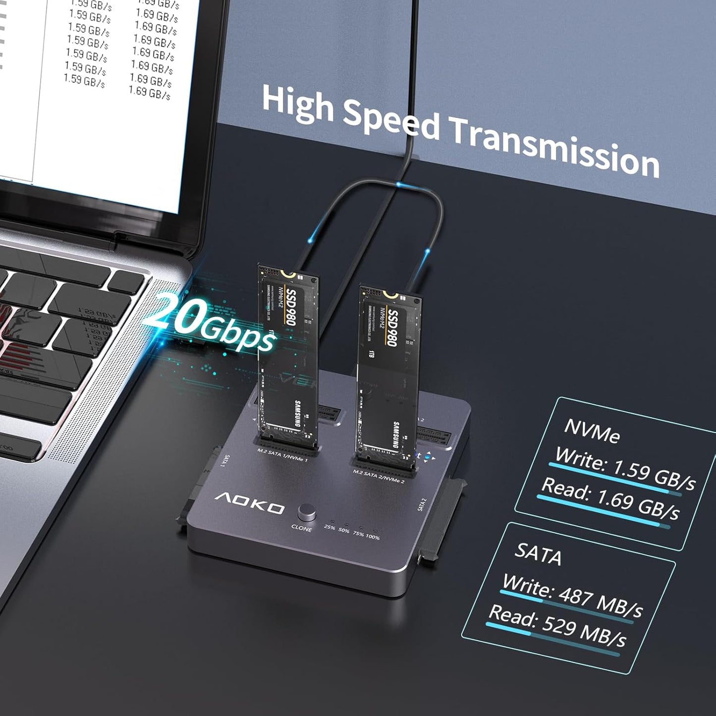 AOKO M.2 NVMe SSD Cloner, Dual-Bay 4-in-1 Hard Drive Duplicator/Reader, Supports M.2 NVMe/NGFF SATA, mSATA & SATA 2.5"/3.5" HDD,Offline Cloning Without PC