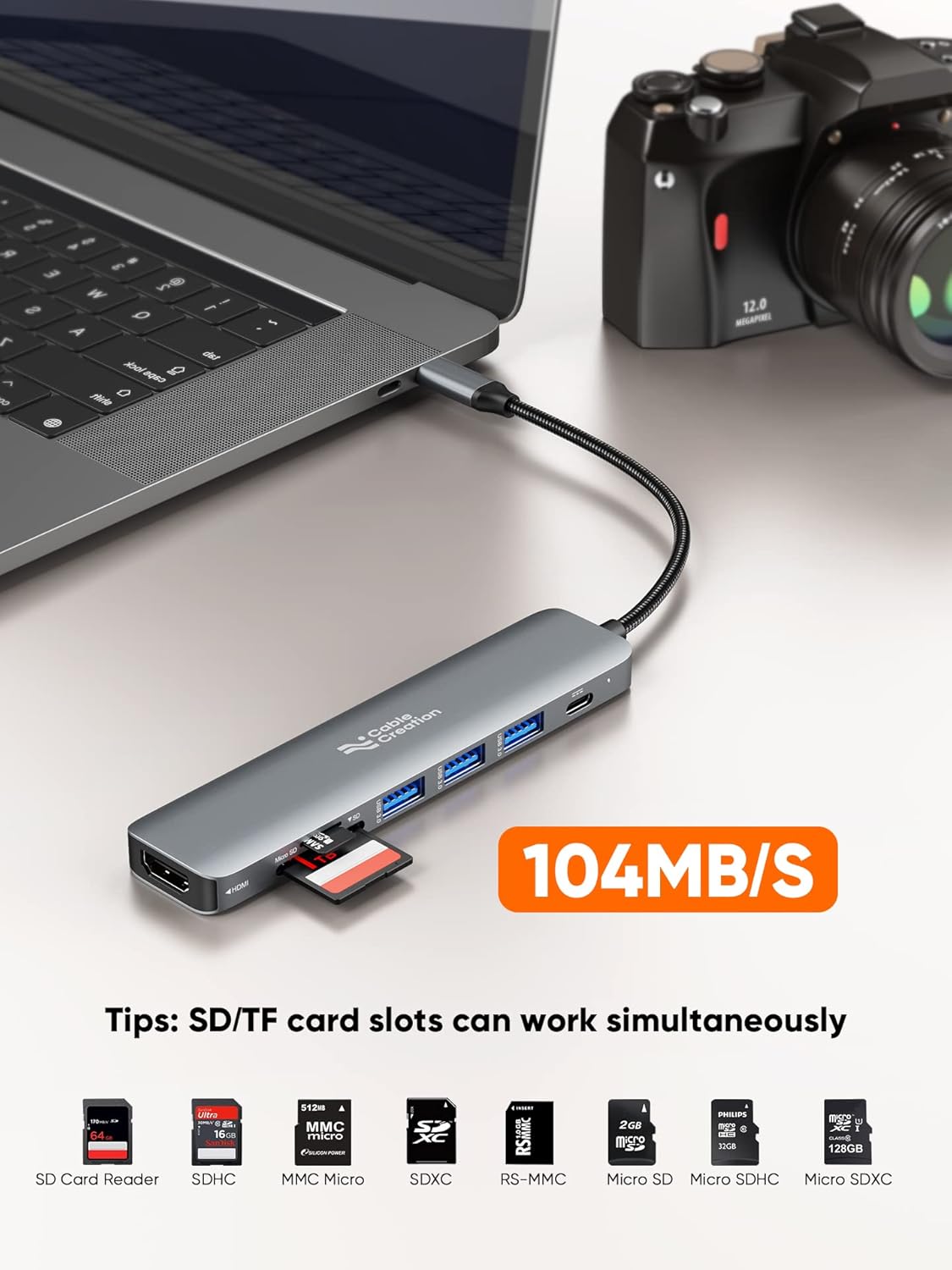 USB C Hub Multiport Adapter, CableCreation 7-in-1 USB C HDMI Hub with 4K 30Hz HDMI, 100W PD, 3 USB 3.0 5Gbps Data Ports, SD/TF Cards Reader for MacBook Pro/Air, iPad Pro, Pixelbook, XPS