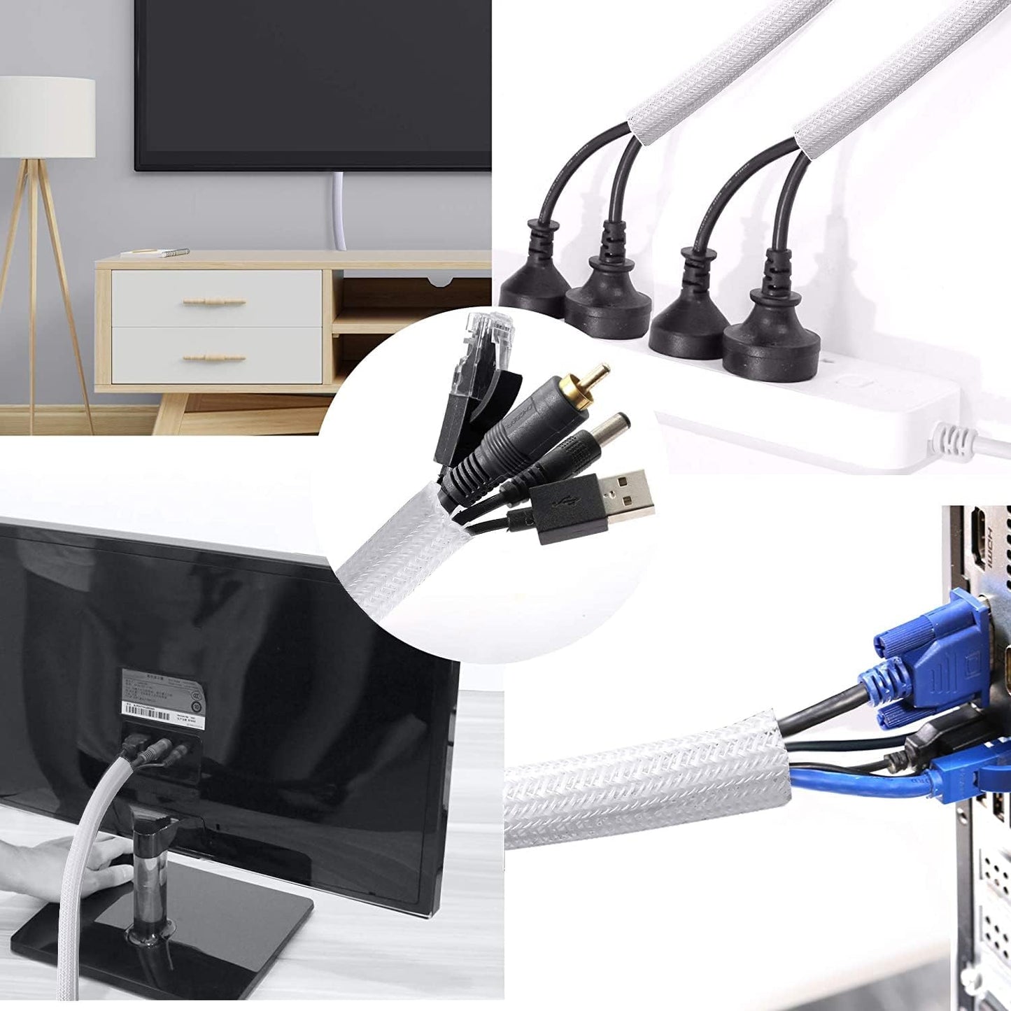 CrocSee 25ft - 1/2 inch Braided Cable Management Sleeve Cord Protector - Self-Wrapping Split Wire Loom for TV/Computer/Home Theater/Engine Bay - White