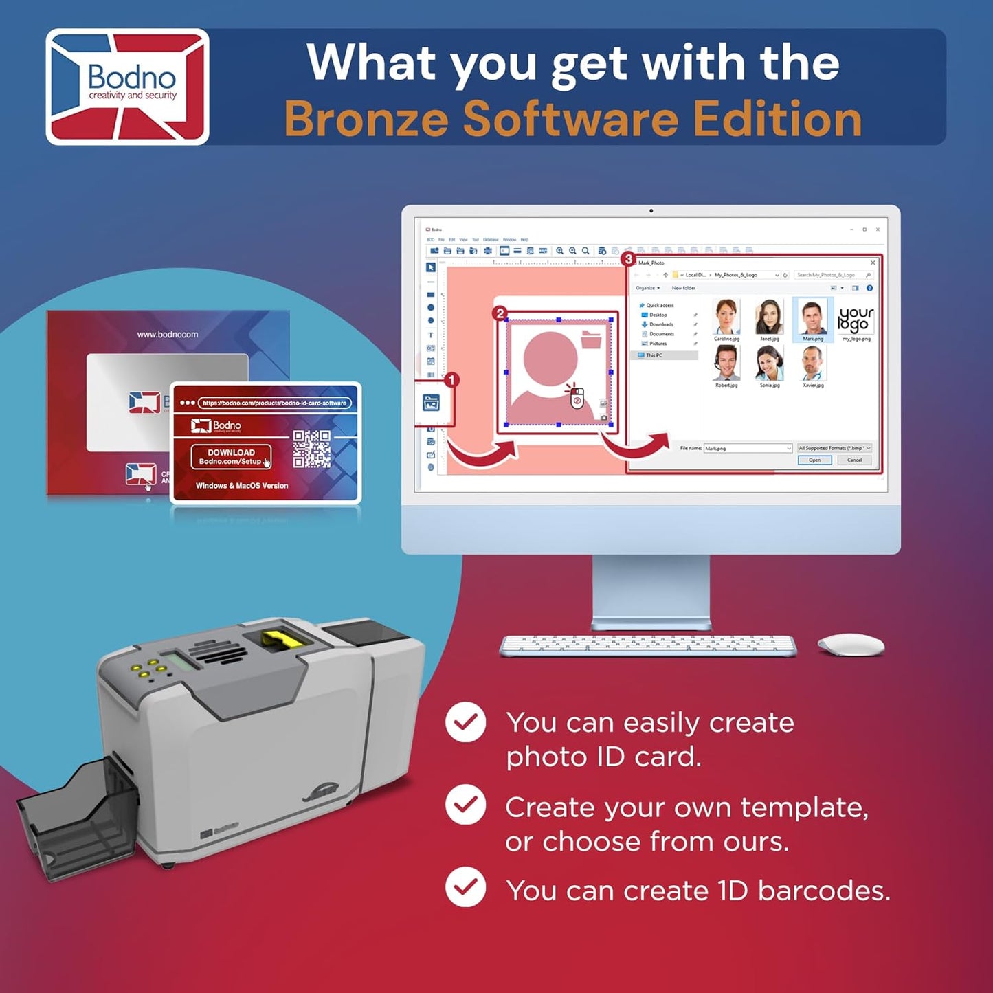 Bodno Seaory S28 Dual Sided ID Card Printer & Complete Supplies Package ID Software and Camera - Bronze Edition