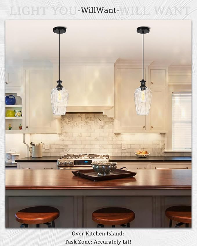 2-Pack Black Pendant Lights Kitchen Island, Modern Farmhouse Hanging Ceiling Lights with Hammered Glass for Dining Room Kitchen Sink