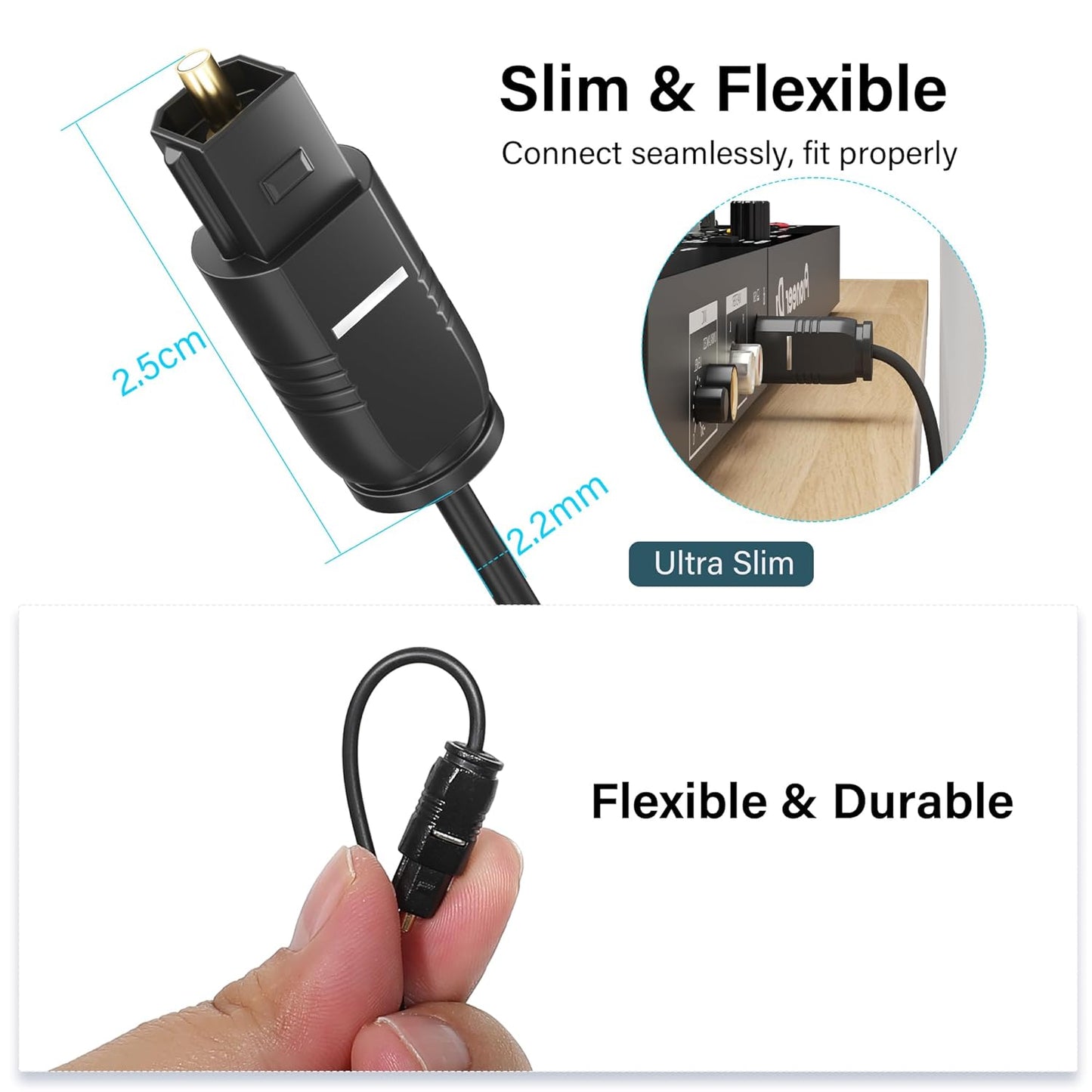 Adoreen Ultra-Thin Slim Digital Optical Audio Cable 12FT, Fiber Optic SPDIF Toslink Cord Gold-Plated High-Speed Flexible & Durable for TV Soundbar Home Theater Game Console PS4 Xbox Samsung +Ties