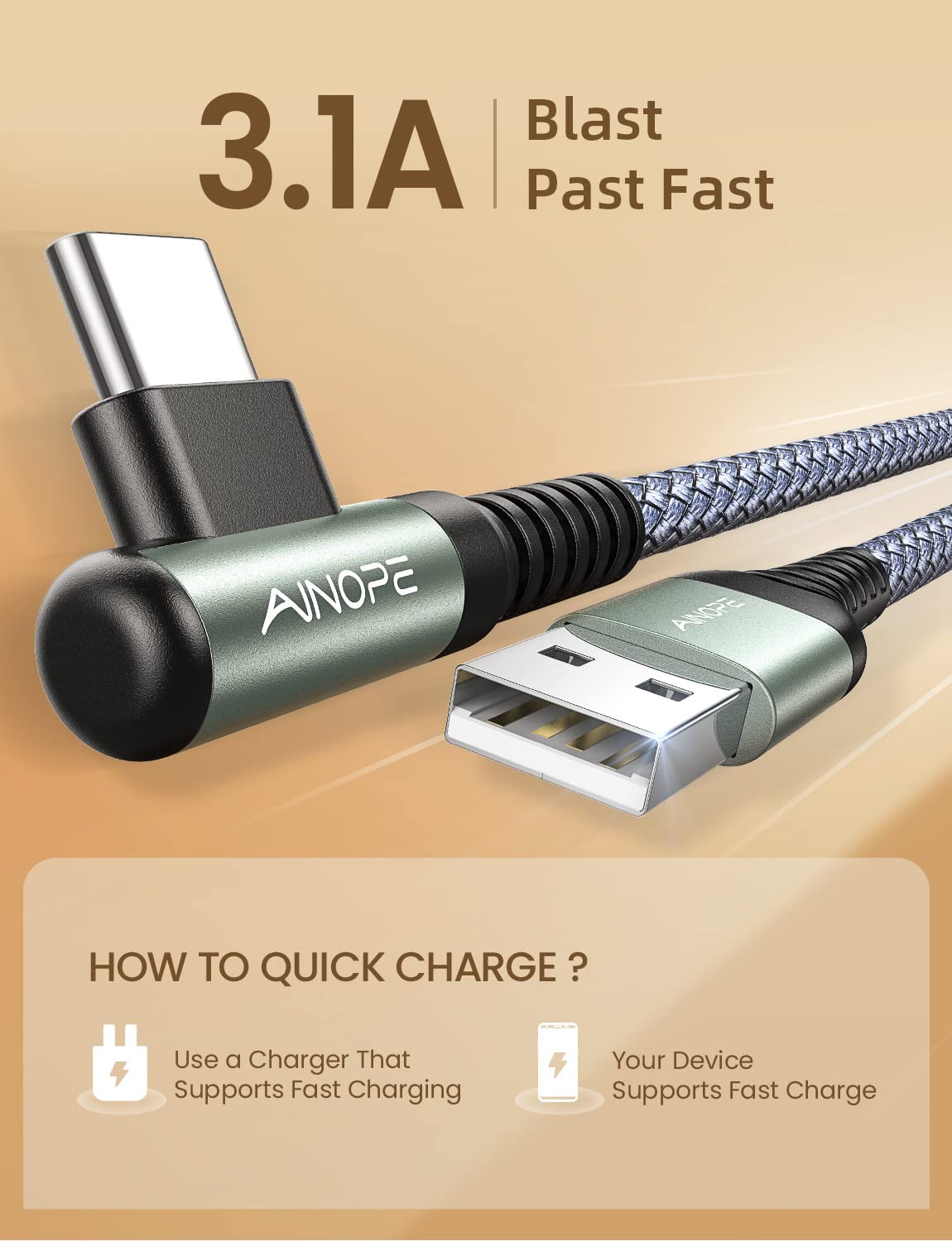 AINOPE 2-Pack 0.5ft USB C Cable, 3.1A Fast Charging, Right Angle, Durable Nylon Braided, Compatible with Galaxy S22 S21 Plus S20, Note 10 9 LG, Type C Charger