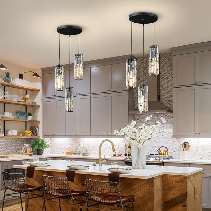 LMQNINE 3 Light Black Pendant Lighting Modern Pendant Light, Mini Crystal Chandeliers,Adjustable Pendant Light Fixture for Kitchen Island Dinning Room Bedroom (Black 3-Light)