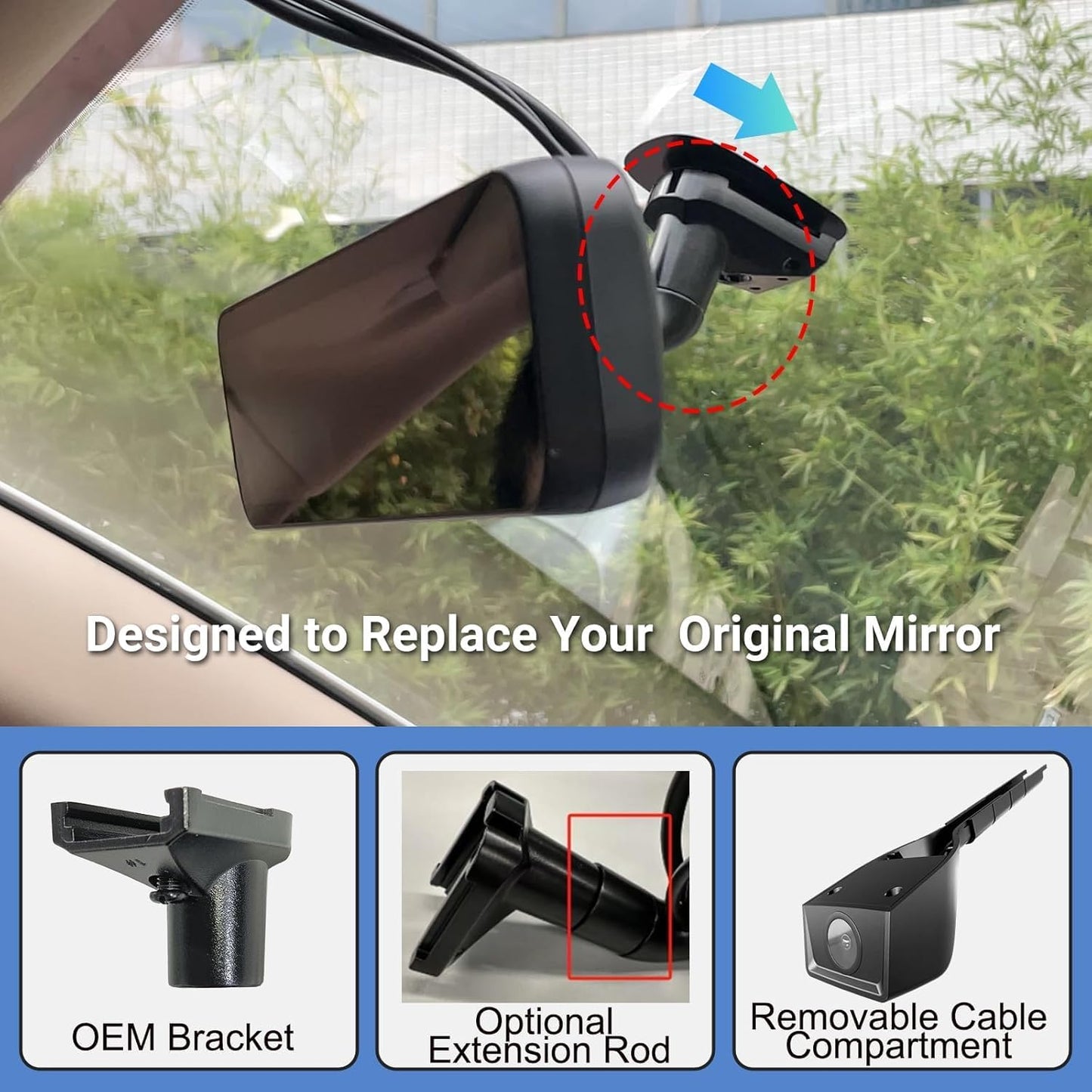 9.66″ OEM Rear View Mirror Camera, Dash Cam, Detached Front Lens, 2K, IPS Screen, Night Vision, Parking Monitor, 32GB SD, for Trucks, Vans, SUVs