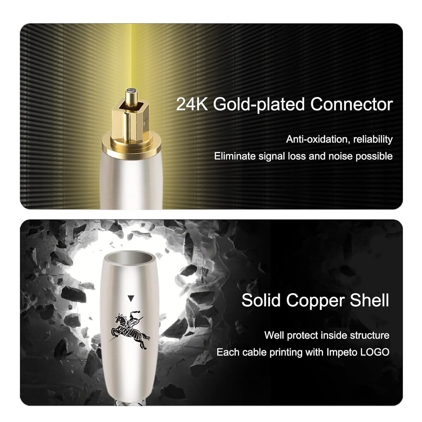 Digital Fiber Optic Audio Cable for Sound Bar Toslink Cord Male to Male 24K Gold Plated Connector Optical Audio Cable 6ft 10ft S/PDIF Glass Core, 9.84feet/3M IMP-2201