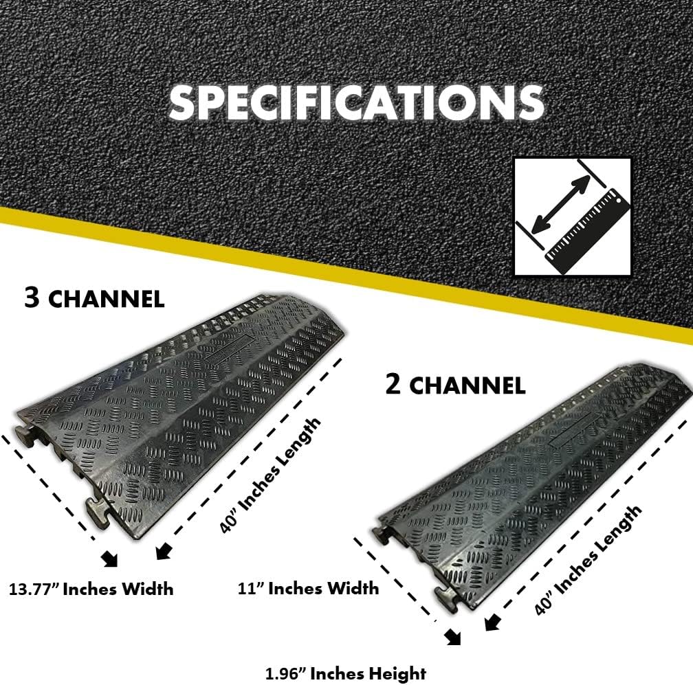 Kable Kontrol Drop Over Floor Cord Cover – 40” Inch Long 2 Channel Cable or Wire Protector – 10 Pcs Bulk Pack - Rubber Ramp for Indoor and Outdoor Use – Black