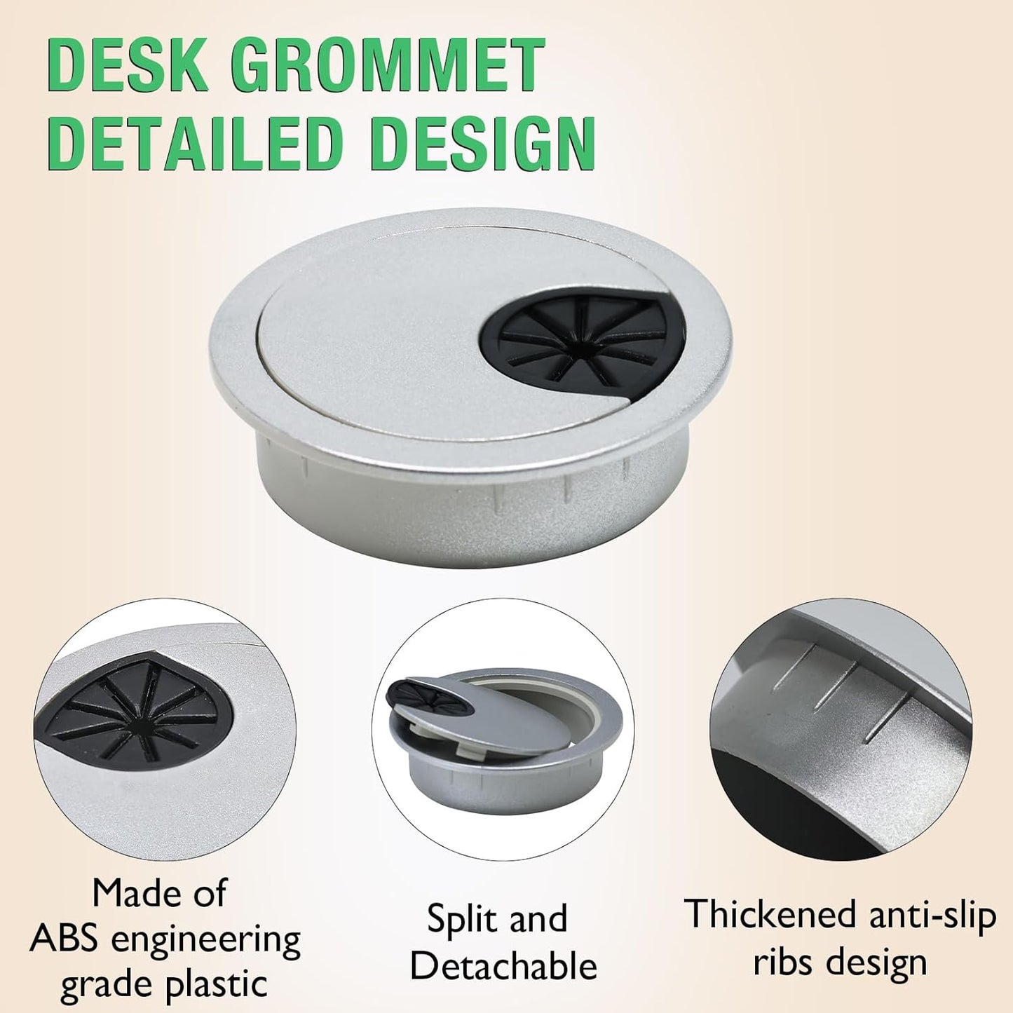 10 Pcs Desk Grommet 2" / 50 mm, Desk Cord Hole Cover, Cable Grommet ABS Plastic, Desk Hole Grommet for Home & Office Pc, Detachable Cable Cord Organizer-Silver Sand