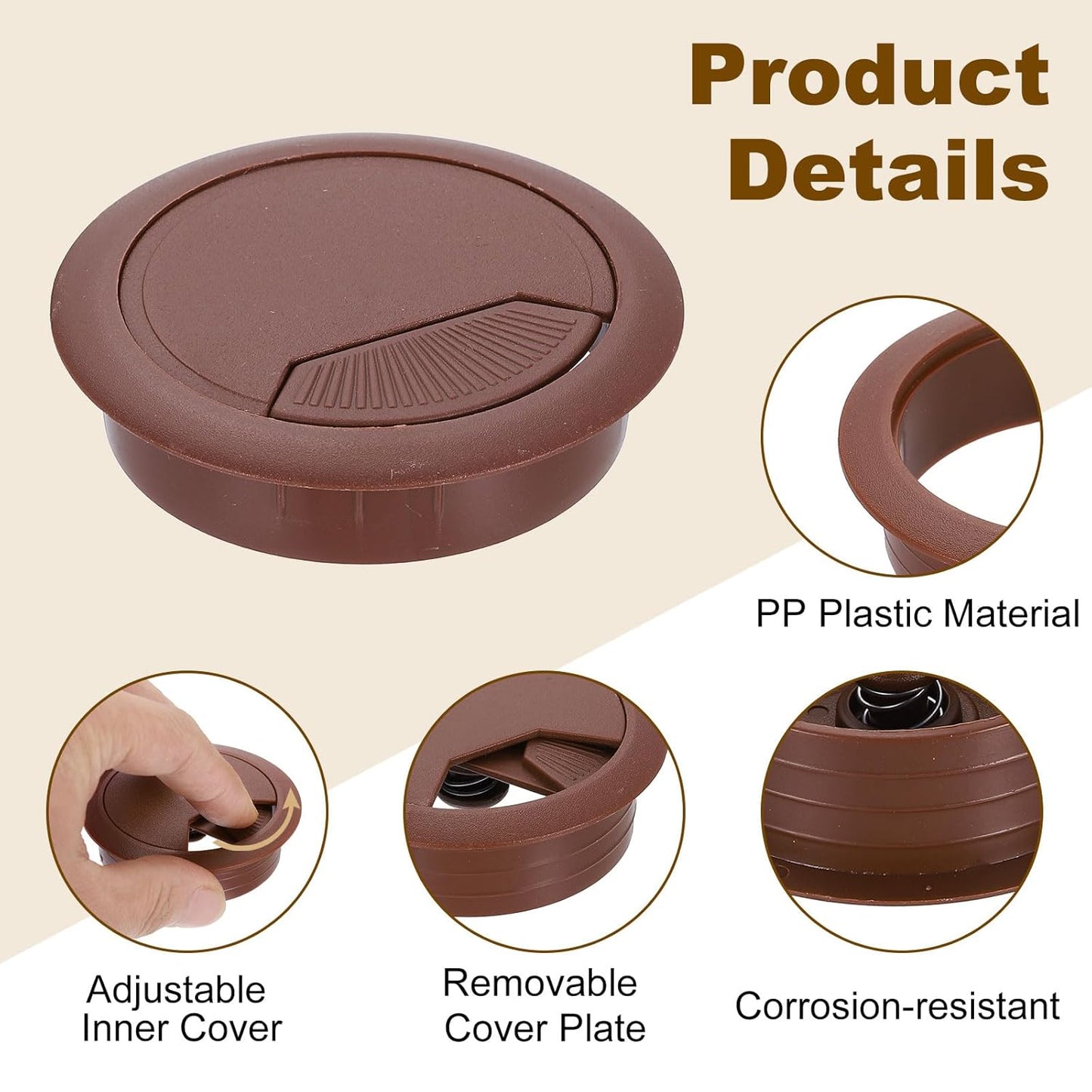 uxcell 8 Pcs 60mm (2.36 Inch) Desk Grommet, Plastic Cable Hole Cover, Wire Cord Cable Organizer for Home Office Computer Desk Cabinet, Brown